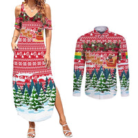 Guinea Bissau Christmas Couples Matching Summer Maxi Dress and Long Sleeve Button Shirt with Santa Sleigh Reindeer Forest and National Flag Design - Wonder Print Shop