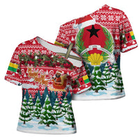 Guinea Bissau Christmas Cross Shoulder Shirt with Santa Sleigh Reindeer Forest and National Flag Design - Wonder Print Shop