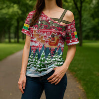 Guinea Bissau Christmas Cross Shoulder Shirt with Santa Sleigh Reindeer Forest and National Flag Design - Wonder Print Shop