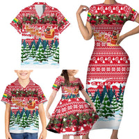 Guinea Bissau Christmas Family Matching Short Sleeve Bodycon Dress and Hawaiian Shirt with Santa Sleigh Reindeer Forest and National Flag Design - Wonder Print Shop