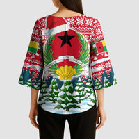 Guinea Bissau Christmas Kimono Sleeve Blouse with Santa Sleigh Reindeer Forest and National Flag Design - Wonder Print Shop