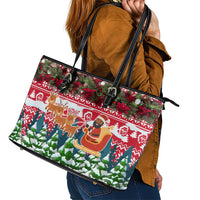 Guinea Bissau Christmas Leather Tote Bag with Santa Sleigh Reindeer Forest and National Flag Design - Wonder Print Shop