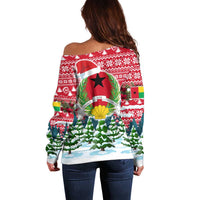 Guinea Bissau Christmas Off Shoulder Sweater with Santa Sleigh Reindeer Forest and National Flag Design - Wonder Print Shop