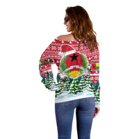 Guinea Bissau Christmas Off Shoulder Sweater with Santa Sleigh Reindeer Forest and National Flag Design - Wonder Print Shop