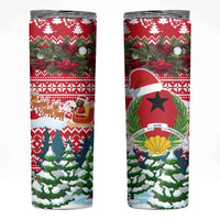 Guinea Bissau Christmas Skinny Tumbler with Santa Sleigh Reindeer Forest and National Flag Design - Wonder Print Shop