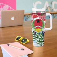 Guinea Bissau Christmas Tumbler With Handle with Santa Sleigh Reindeer Forest and National Flag Design - Wonder Print Shop