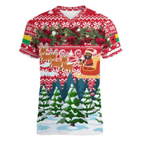 Guinea Bissau Christmas Women V-Neck T-Shirt with Santa Sleigh Reindeer Forest and National Flag Design - Wonder Print Shop