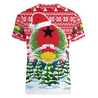 Guinea Bissau Christmas Women V-Neck T-Shirt with Santa Sleigh Reindeer Forest and National Flag Design - Wonder Print Shop
