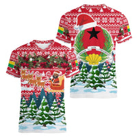 Guinea Bissau Christmas Women V-Neck T-Shirt with Santa Sleigh Reindeer Forest and National Flag Design - Wonder Print Shop