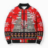 Indonesia Christmas Bomber Puffer Jacket with Santa Temple Snowflakes and Red Candy Cane Pattern - Wonder Print Shop