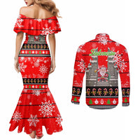 Indonesia Christmas Couples Matching Mermaid Dress and Long Sleeve Button Shirt with Santa Temple Snowflakes and Red Candy Cane Pattern - Wonder Print Shop