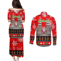Indonesia Christmas Couples Matching Puletasi and Long Sleeve Button Shirt with Santa Temple Snowflakes and Red Candy Cane Pattern - Wonder Print Shop