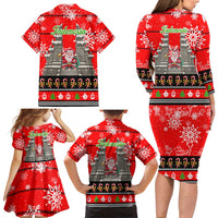 Indonesia Christmas Family Matching Long Sleeve Bodycon Dress and Hawaiian Shirt with Santa Temple Snowflakes and Red Candy Cane Pattern - Wonder Print Shop
