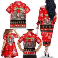 Indonesia Christmas Family Matching Off The Shoulder Long Sleeve Dress and Hawaiian Shirt with Santa Temple Snowflakes and Red Candy Cane Pattern - Wonder Print Shop