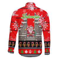 Indonesia Christmas Family Matching Off The Shoulder Long Sleeve Dress and Hawaiian Shirt with Santa Temple Snowflakes and Red Candy Cane Pattern - Wonder Print Shop