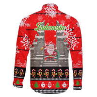 Indonesia Christmas Family Matching Off Shoulder Short Dress and Hawaiian Shirt with Santa Temple Snowflakes and Red Candy Cane Pattern - Wonder Print Shop