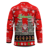 Indonesia Christmas Hockey Jersey with Santa Temple Snowflakes and Red Candy Cane Pattern - Wonder Print Shop