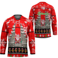 Indonesia Christmas Hockey Jersey with Santa Temple Snowflakes and Red Candy Cane Pattern - Wonder Print Shop