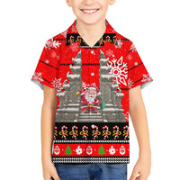 Indonesia Christmas Kid Hawaiian Shirt with Santa Temple Snowflakes and Red Candy Cane Pattern - Wonder Print Shop