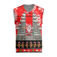 Indonesia Christmas Knitted V-Neck Vest with Santa Temple Snowflakes and Red Candy Cane Pattern - Wonder Print Shop