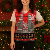Indonesia Christmas Knitted V-Neck Vest with Santa Temple Snowflakes and Red Candy Cane Pattern - Wonder Print Shop