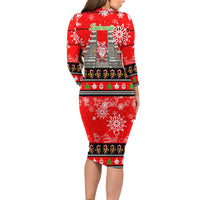 Indonesia Christmas Long Sleeve Bodycon Dress with Santa Temple Snowflakes and Red Candy Cane Pattern - Wonder Print Shop
