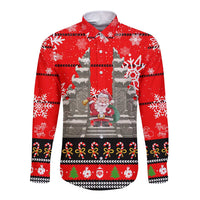 Indonesia Christmas Long Sleeve Button Shirt with Santa Temple Snowflakes and Red Candy Cane Pattern - Wonder Print Shop
