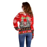 Indonesia Christmas Off Shoulder Sweater with Santa Temple Snowflakes and Red Candy Cane Pattern - Wonder Print Shop