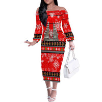 Indonesia Christmas Off The Shoulder Long Sleeve Dress with Santa Temple Snowflakes and Red Candy Cane Pattern - Wonder Print Shop