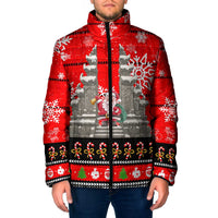 Indonesia Christmas Padded Jacket with Santa Temple Snowflakes and Red Candy Cane Pattern - Wonder Print Shop