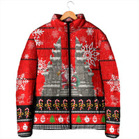 Indonesia Christmas Padded Jacket with Santa Temple Snowflakes and Red Candy Cane Pattern - Wonder Print Shop