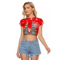 Indonesia Christmas Raglan Cropped T Shirt with Santa Temple Snowflakes and Red Candy Cane Pattern - Wonder Print Shop