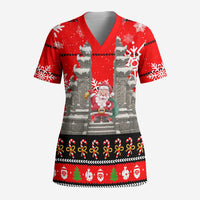 Indonesia Christmas Scrub Top with Santa Temple Snowflakes and Red Candy Cane Pattern - Wonder Print Shop