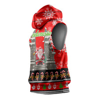 Indonesia Christmas Sleeveless Hoodie with Santa Temple Snowflakes and Red Candy Cane Pattern - Wonder Print Shop