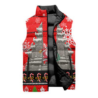 Indonesia Christmas Sleeveless Puffer Jacket with Santa Temple Snowflakes and Red Candy Cane Pattern - Wonder Print Shop
