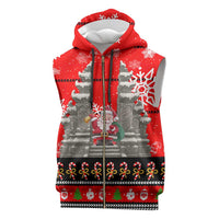 Indonesia Christmas Sleeveless Zip Hoodie with Santa Temple Snowflakes and Red Candy Cane Pattern - Wonder Print Shop