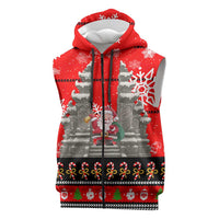 Indonesia Christmas Sleeveless Zip Hoodie with Santa Temple Snowflakes and Red Candy Cane Pattern - Wonder Print Shop