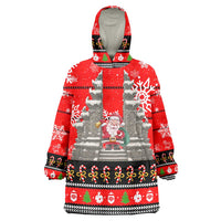 Indonesia Christmas Wearable Blanket Hoodie with Santa Temple Snowflakes and Red Candy Cane Pattern - Wonder Print Shop