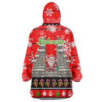 Indonesia Christmas Wearable Blanket Hoodie with Santa Temple Snowflakes and Red Candy Cane Pattern - Wonder Print Shop