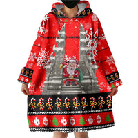 Indonesia Christmas Wearable Blanket Hoodie with Santa Temple Snowflakes and Red Candy Cane Pattern - Wonder Print Shop