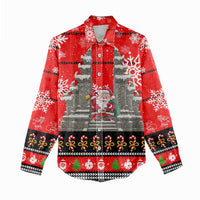 Indonesia Christmas Women Casual Shirt with Santa Temple Snowflakes and Red Candy Cane Pattern - Wonder Print Shop
