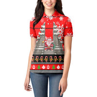 Indonesia Christmas Women Polo Shirt with Santa Temple Snowflakes and Red Candy Cane Pattern - Wonder Print Shop