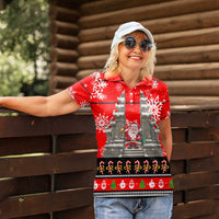 Indonesia Christmas Women Polo Shirt with Santa Temple Snowflakes and Red Candy Cane Pattern - Wonder Print Shop