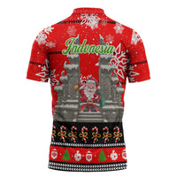 Indonesia Christmas Zipper Polo Shirt with Santa Temple Snowflakes and Red Candy Cane Pattern - Wonder Print Shop