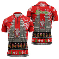 Indonesia Christmas Zipper Polo Shirt with Santa Temple Snowflakes and Red Candy Cane Pattern - Wonder Print Shop