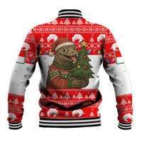 Indonesia Christmas Baseball Jacket with Komodo Dragon Santa Hat Christmas Tree and Red White Holiday - Wonder Print Shop
