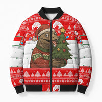 Indonesia Christmas Bomber Puffer Jacket with Komodo Dragon Santa Hat Christmas Tree and Red White Holiday - Wonder Print Shop