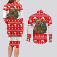 Indonesia Christmas Couples Matching Long Sleeve Bodycon Dress and Long Sleeve Button Shirt with Komodo Dragon Santa Hat Christmas Tree and Red White Holiday - Wonder Print Shop