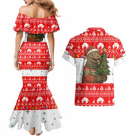Indonesia Christmas Couples Matching Mermaid Dress and Hawaiian Shirt with Komodo Dragon Santa Hat Christmas Tree and Red White Holiday - Wonder Print Shop