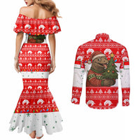 Indonesia Christmas Couples Matching Mermaid Dress and Long Sleeve Button Shirt with Komodo Dragon Santa Hat Christmas Tree and Red White Holiday - Wonder Print Shop